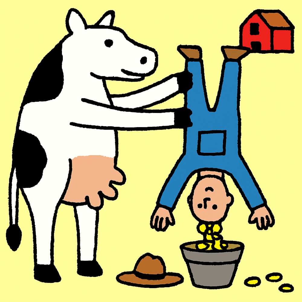 mouse-drawn MS Paint scene: a cow stands on its hind legs holding a farmer upside down by the ankles while gold coins pour out of his pockets into a bucket, a red barn scribbled in the corner
